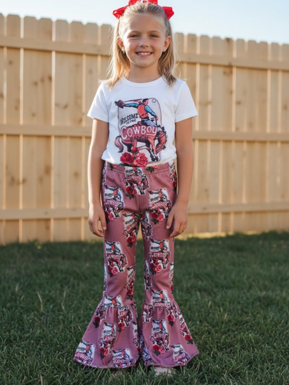 Girls Western Bell Bottom Outfit Pink Cowboy Ranch Set Boutique Cowgirl Flares